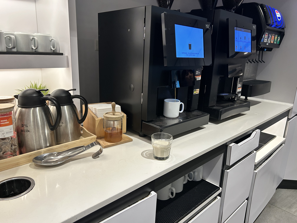 Coffee and drinks station at the Plaza Premium Lounge Transborder Toronto Airport