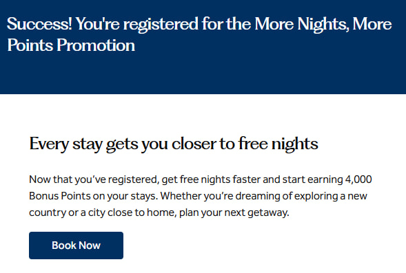 Successful registration screen for the More Nights, More Points Hilton promotion