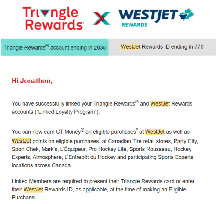 Confirmation of Triangle and WestJet accounts linked