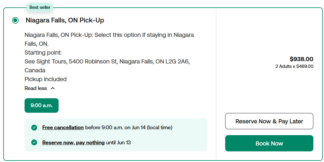 Booking confirmation screen for Viator, including the cancellation policy and the option to pay later.