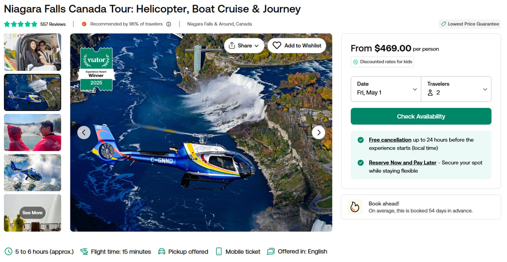Viator booking example: Niagara Falls helicopter tour