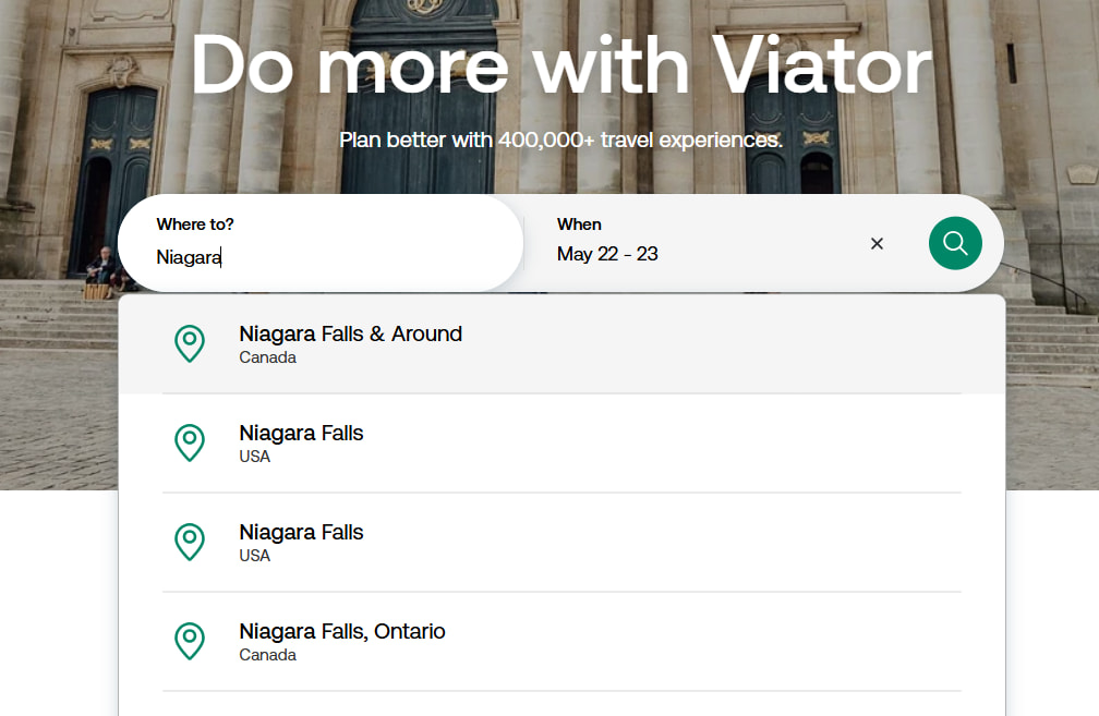 Viator search engine previewing options for travel to Niagara Falls
