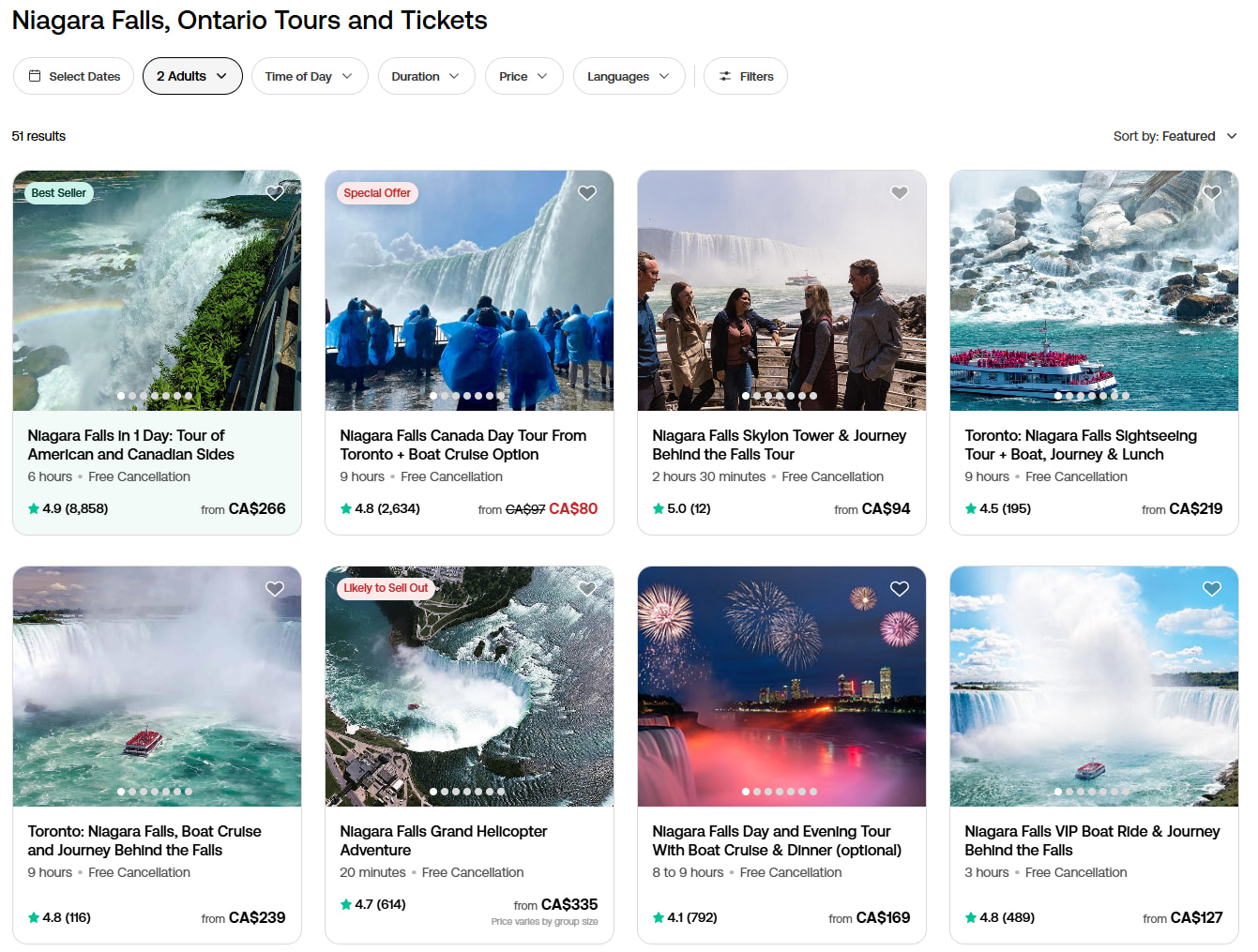 Search results on Viator for travel to Niagara Falls