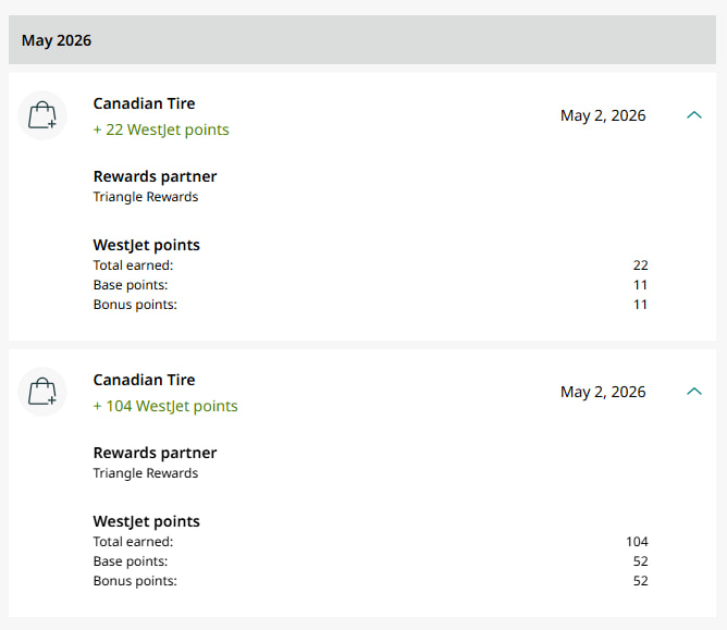 WestJet Rewards earned from Canadian Tire purchases