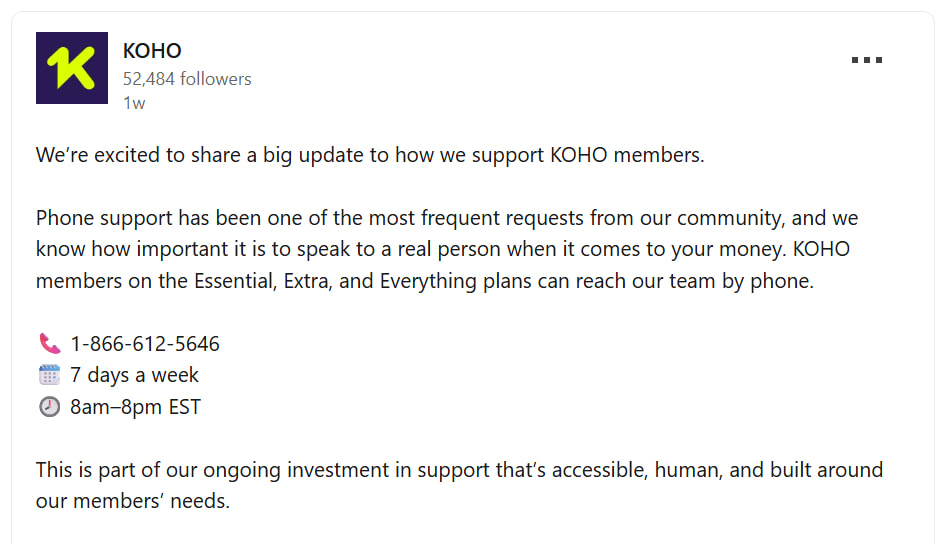 KOHO's LinkedIn post announcing phone support for all customers