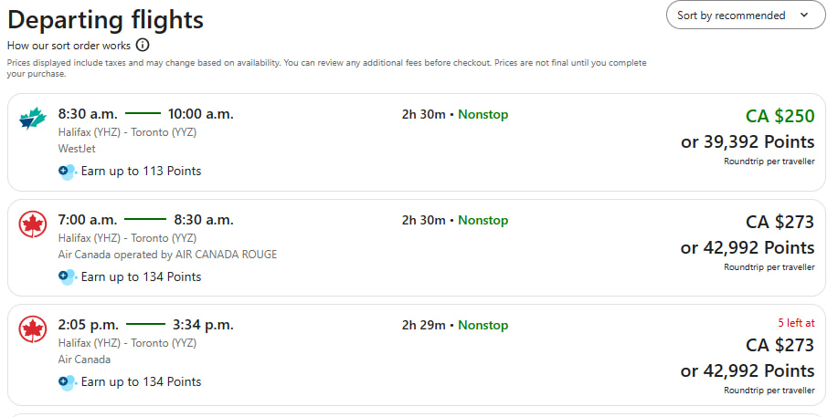 Flight prices in Canadian dollars vs. Blue Rewards points