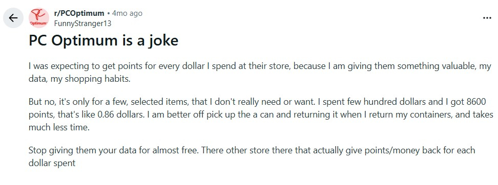 Redditor Says PC Optimum Program is a Joke