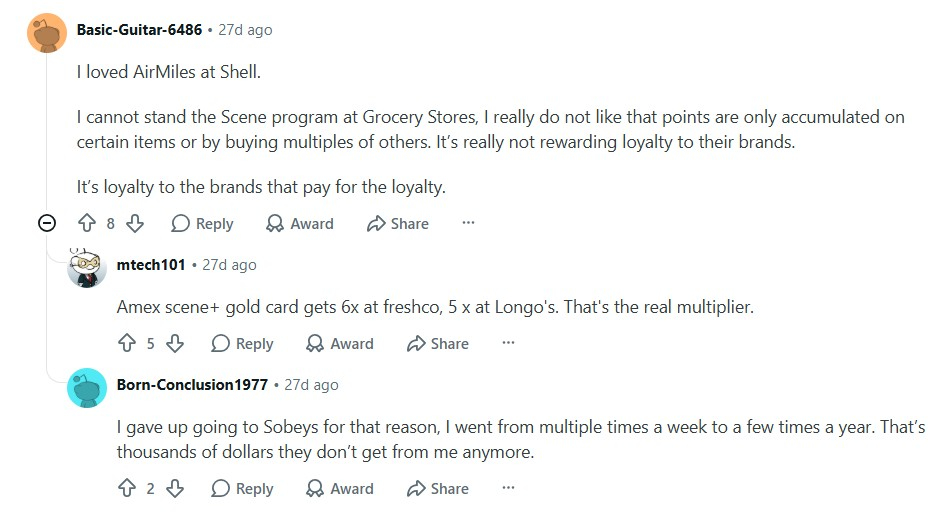 Redditors Not Happy with Scene+ at Grocery Stores