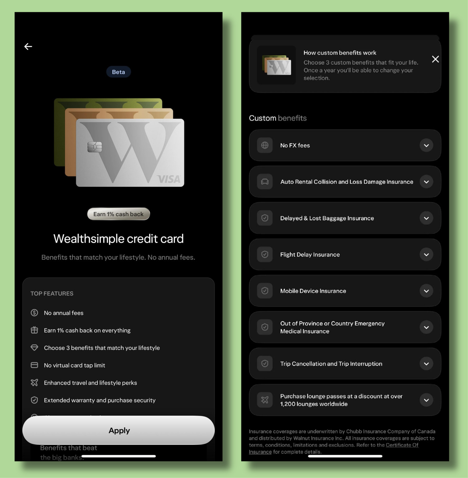 Wealthsimple Visa Infinite beta test screenshots, displaying perk options