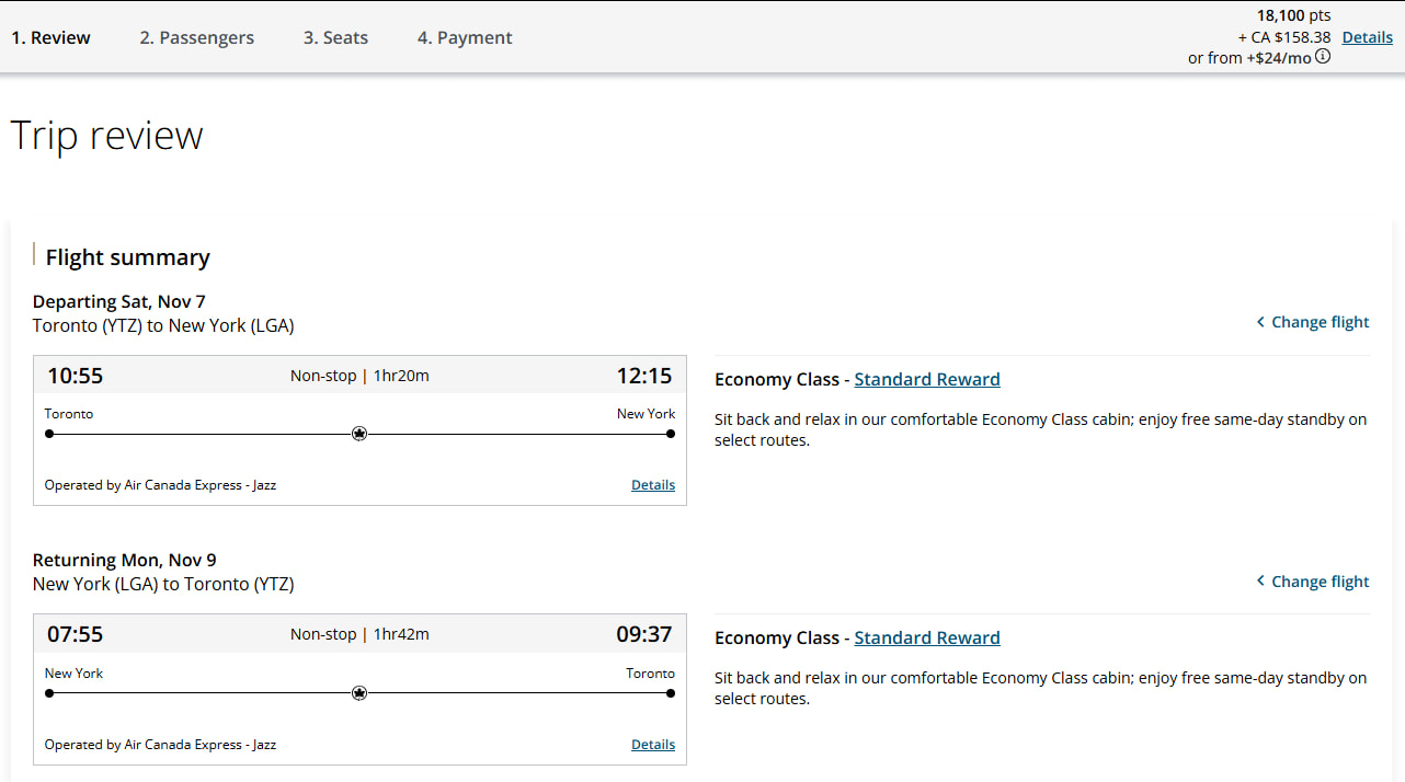Flight booking from YTZ to LGA using Aeroplan points