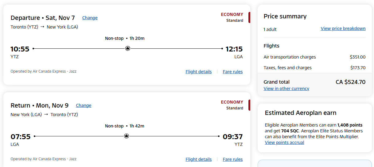 Flight booking from YTZ to LGA