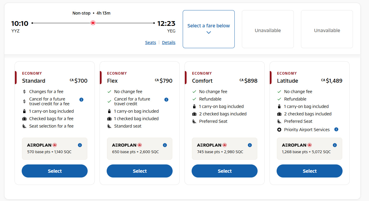 This earlier Air Canada flight from Toronto to Edmonton offers bonus Aeroplan points.