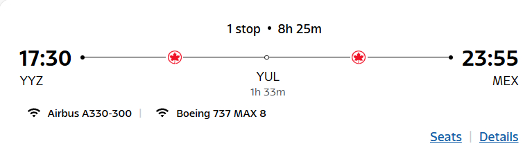 Example of an Air Canada Flight with Wi-Fi Search