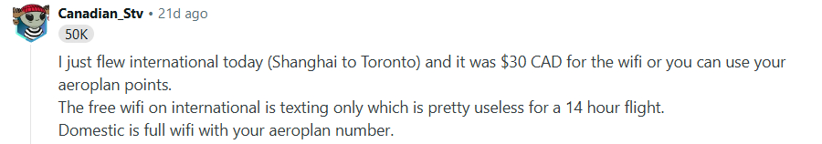 Reddit User Comments on Air Canada Wi-Fi for International Flight