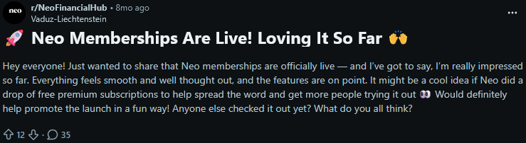 Reddit Announcement That Neo Memberships Are Live