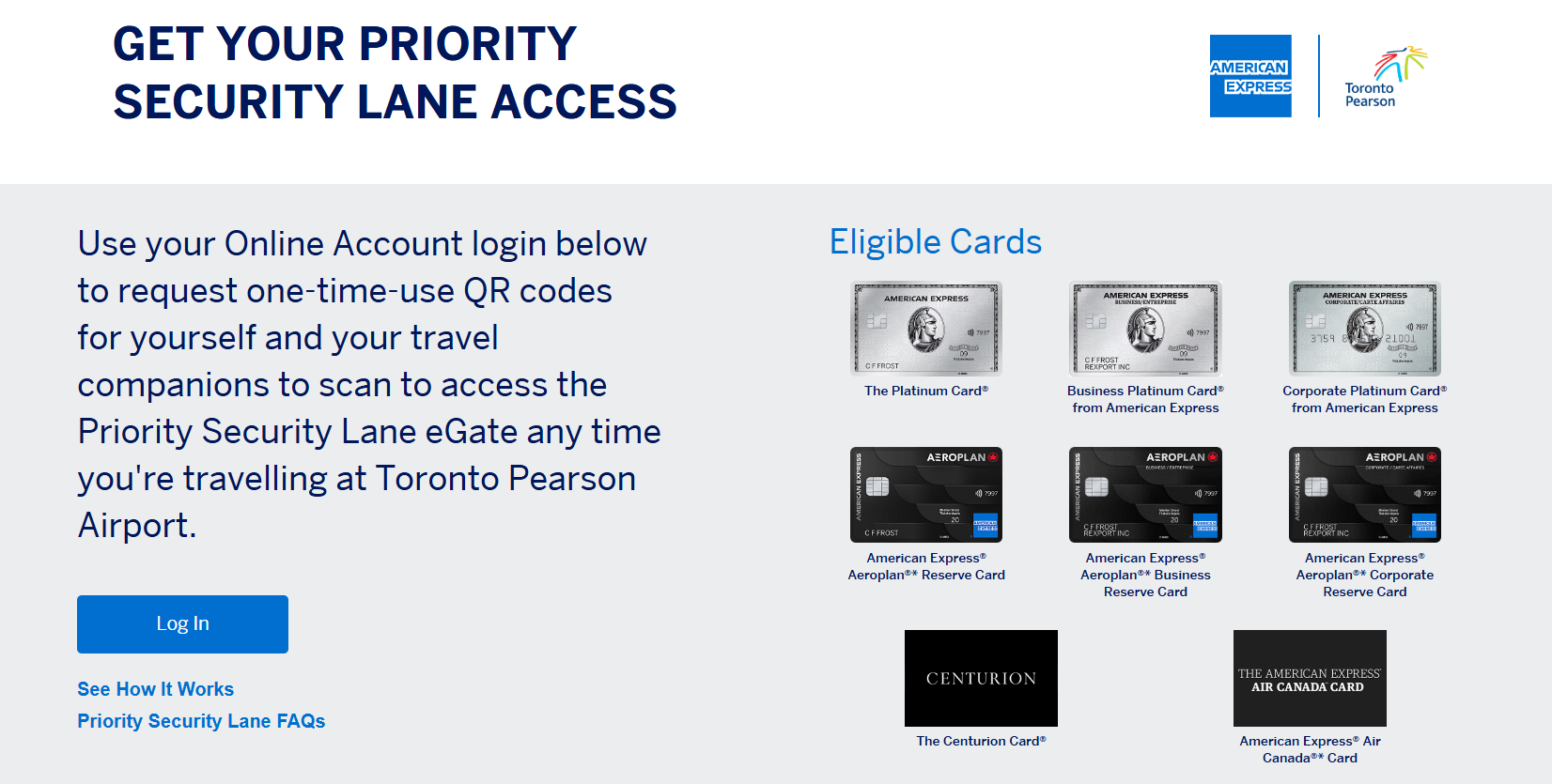 Screenshot of Amex Cards Eligible for Priority Security Access