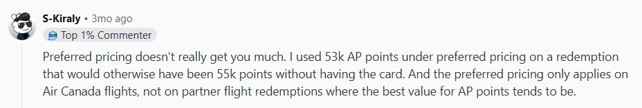 A Redditor is disappointed with Aeroplan credit card Preferred Pricing value