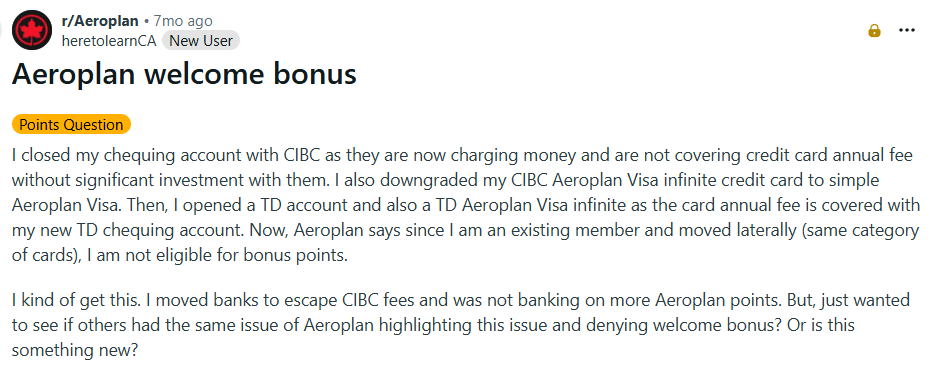 Question From Redditor Regarding Aeroplan Welcome Bonus