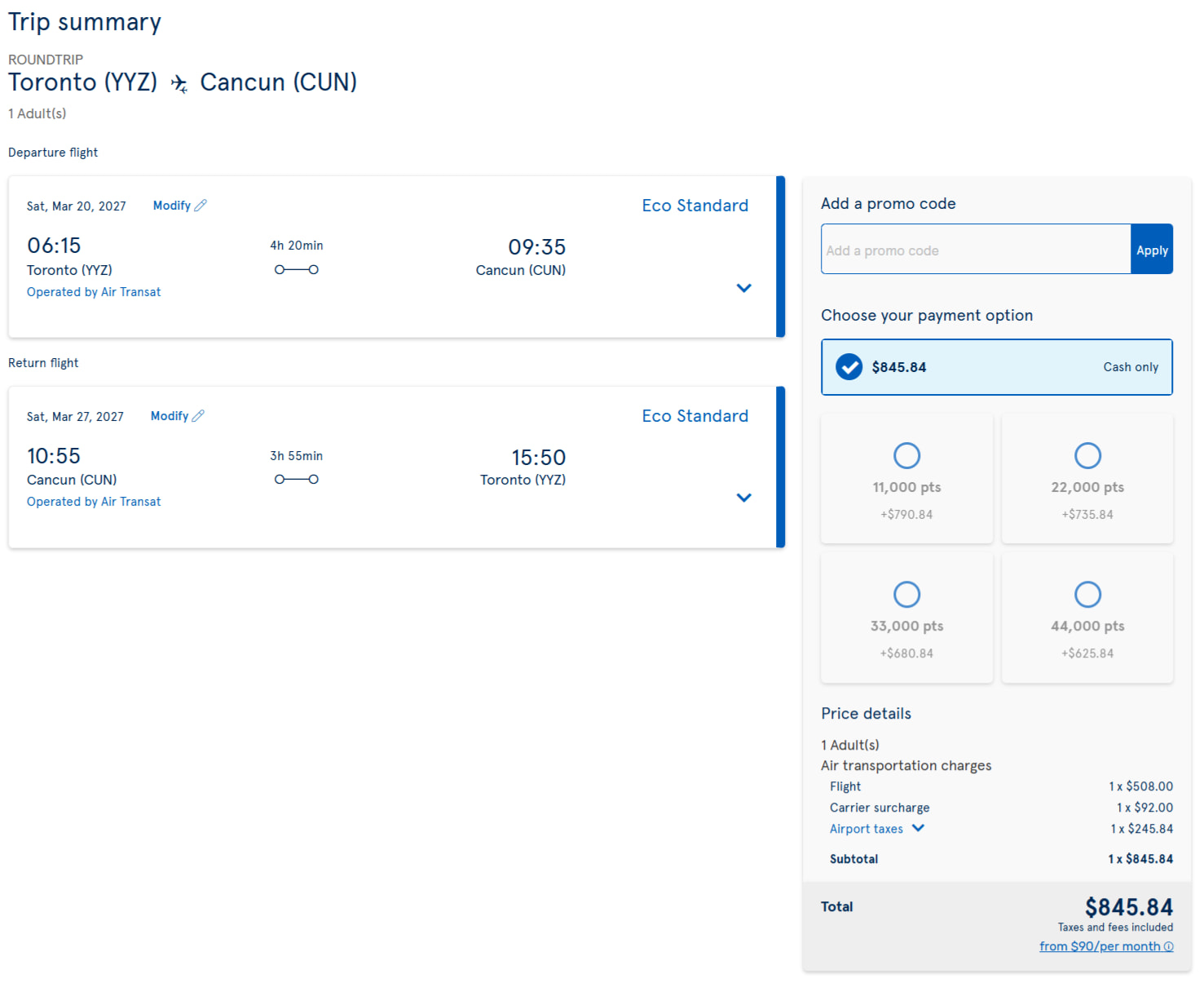 Redeeming Air Transat points for a flight