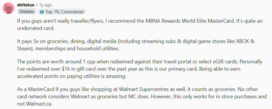 Redditor Recommends the MBNA Rewards WEM as an Excellent Card for Non-Travellers