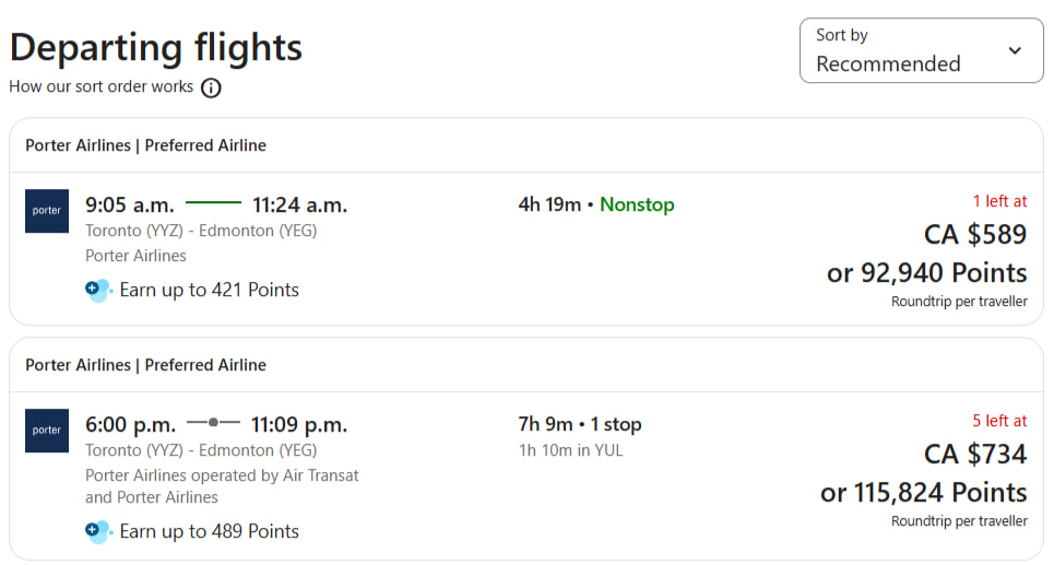 Sample Blue Rewards Porter booking