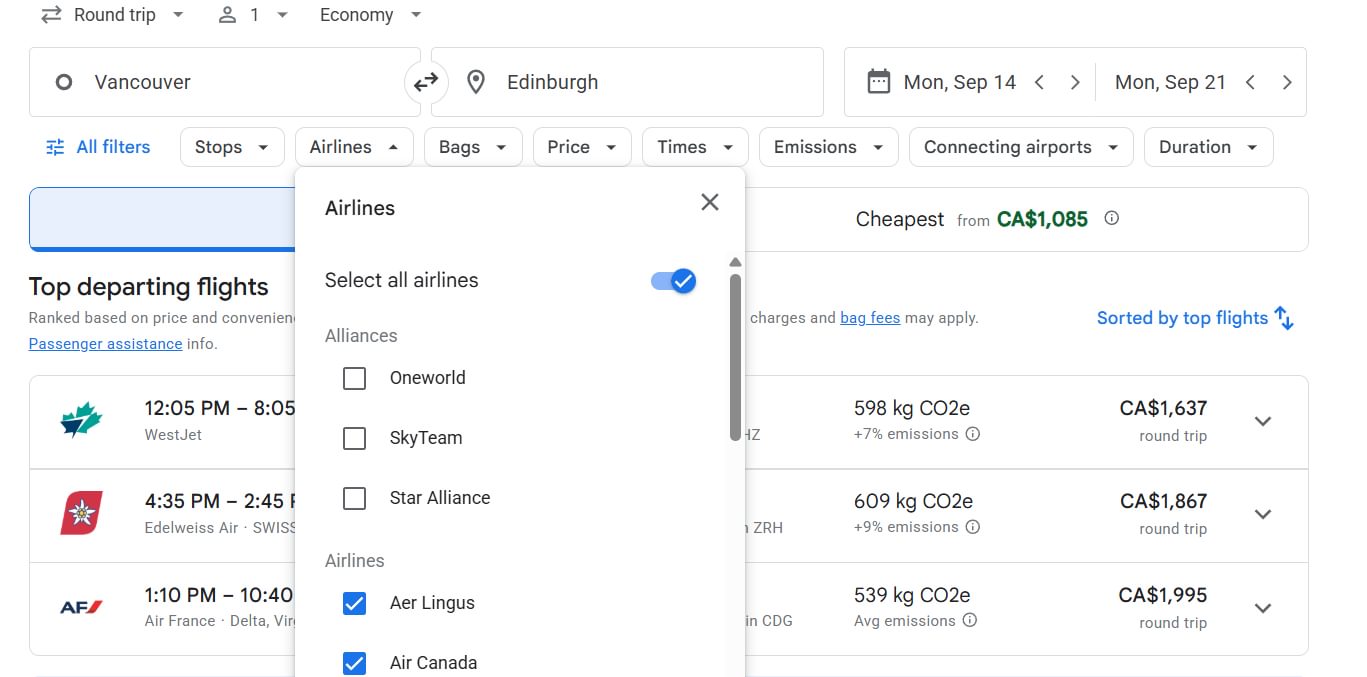 Filter Options Available on Google Flights