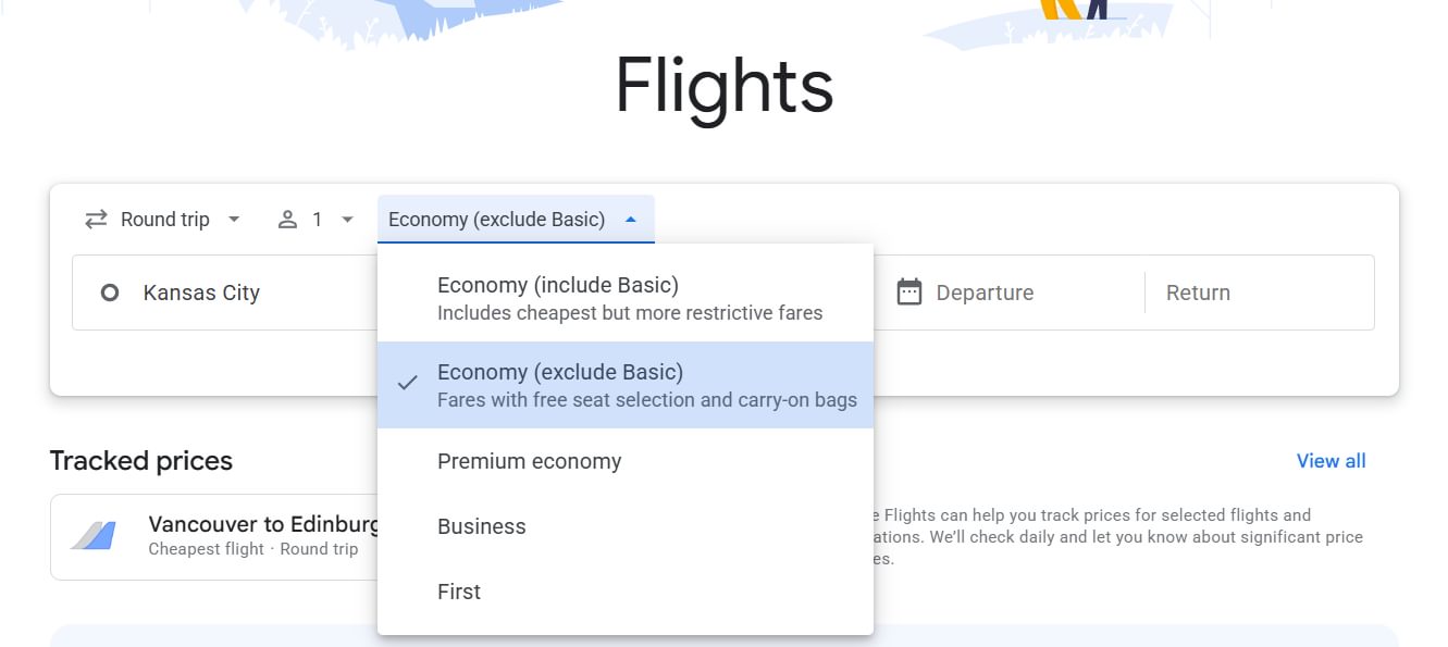 Filtering Out Economy Fares on Google Flights
