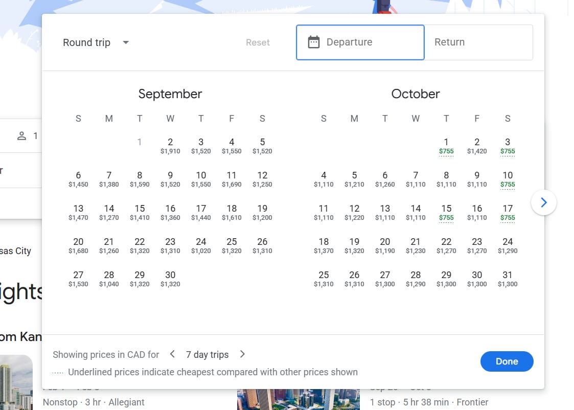 Example of Price Fluctuations on Google Flights