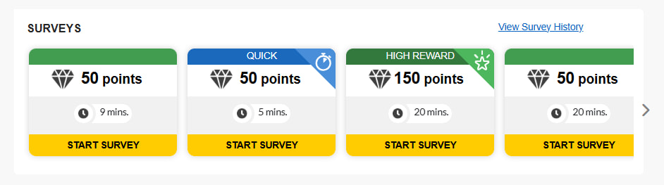 A selection of surveys available on Web Perspectives, ranging from 50 to 150 points. Most surveys award 50 points.