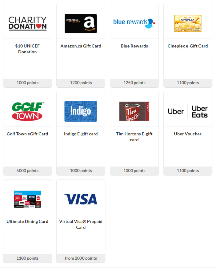 Web Perspectives redemption options include various e-gift cards to businesses like Tim Hortons, Amazon, and Uber.